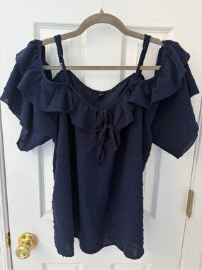 SHEIN Navy Cold-Shoulder Ruffle Tie-Front Top